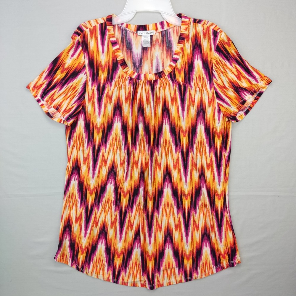 Emily Stacy Top Women 1X Orange Ikat Chevron Pleated Scoop Neck Short Sleeve Top